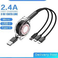 3-in-1 Retractable USB Charging Cable – Type-C, Micro USB & Lightning in One Compact Cable