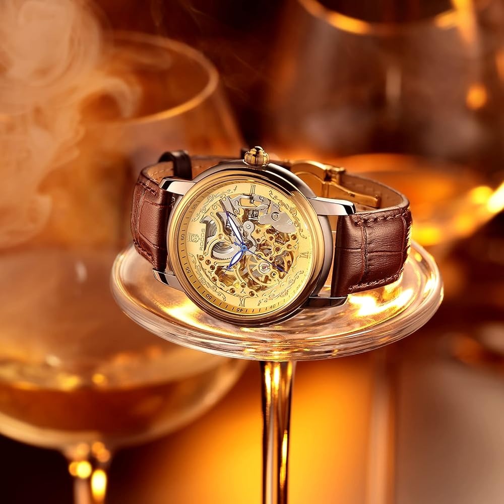 Rolseta® Gold Skeleton Automatic Watch – Luxury Men's Timepiece