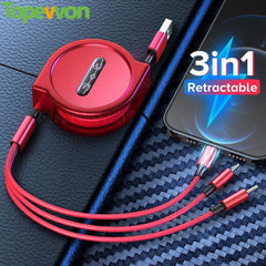 3-in-1 Retractable USB Charging Cable – Type-C, Micro USB & Lightning in One Compact Cable