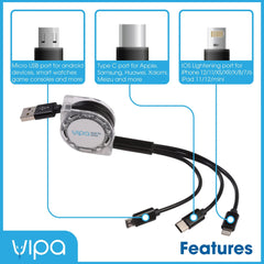 3-in-1 Retractable USB Charging Cable – Type-C, Micro USB & Lightning in One Compact Cable
