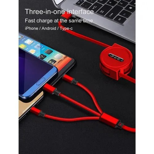 3-in-1 Retractable USB Charging Cable – Type-C, Micro USB & Lightning in One Compact Cable
